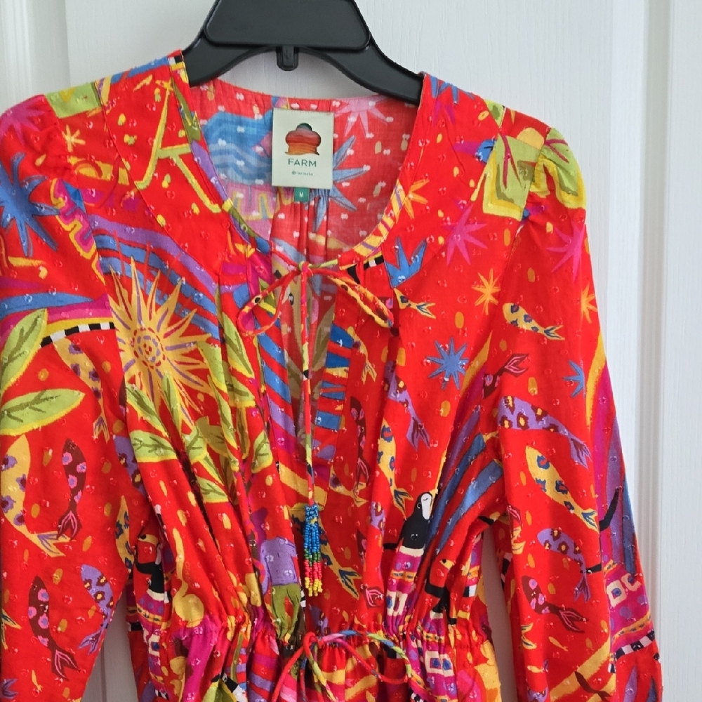 FARM Rio Vibrant Red Dress with Multicolor Tropical Print